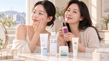 Two adult South Korean women using toner and essence beside five products from a beginner Korean skincare routine