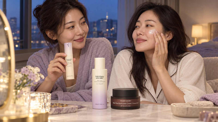 Two adult South Korean women following a black rice retinol night routine with Haruharu Wonder essence, serum and cream