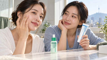 Two adult South Korean women using Centellian24 Madeca Azelaic Acid 10+ Calming Serum and Hydra Calming Cream