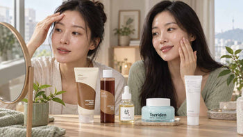 Two adult South Korean women balance an oily T-zone and dry cheeks with five Korean skincare products