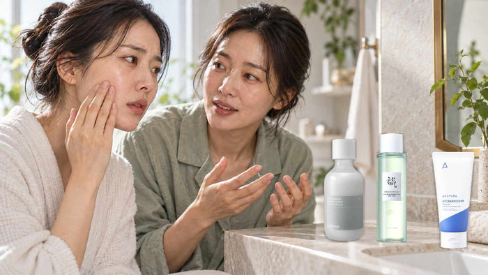 Two adult South Korean women with Celimax creamy toner, Beauty of Joseon Green Plum AHA BHA toner and Aestura barrier cream for dehydrated congested skin