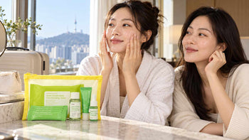 Two adult South Korean women using the Sungboon Editor Green Tomato Travel Kit in a Seoul hotel