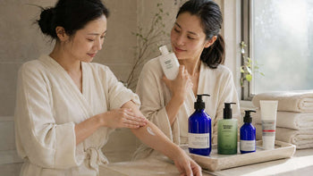 Two South Korean women applying a Korean body-care routine for dry, rough skin with PyunkangYul, Haruharu Wonder and Illiyoon products