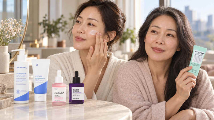 Two adult South Korean women comparing gentle barrier and retinol Korean skincare routines for perimenopausal skin