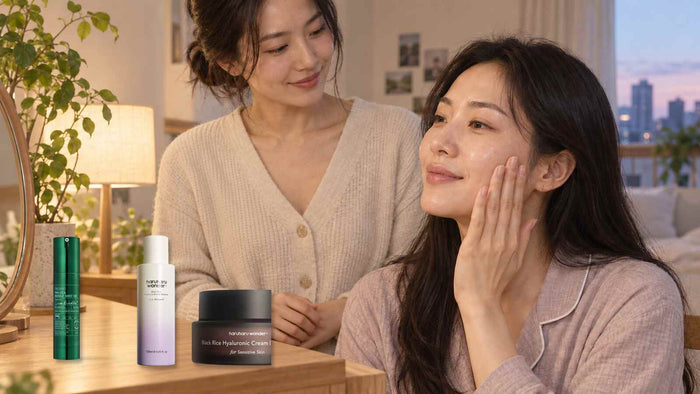 Two adult South Korean women with exact VT PRO CICA Reedle Shot 100 and Haruharu Wonder routine packshots on a Seoul vanity