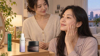 Two adult South Korean women with exact VT PRO CICA Reedle Shot 100 and Haruharu Wonder routine packshots on a Seoul vanity