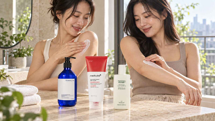 Two adult South Korean women applying body lotion and sunscreen beside Pyunkang Yul, Medicube and Haruharu Wonder body-care products