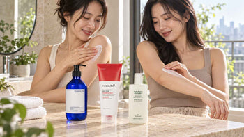 Two adult South Korean women applying body lotion and sunscreen beside Pyunkang Yul, Medicube and Haruharu Wonder body-care products