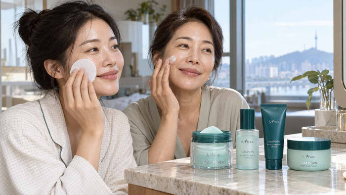 Two adult South Korean women using an Isntree Gim PDRN toner pad and cream beside four seaweed PDRN skincare products
