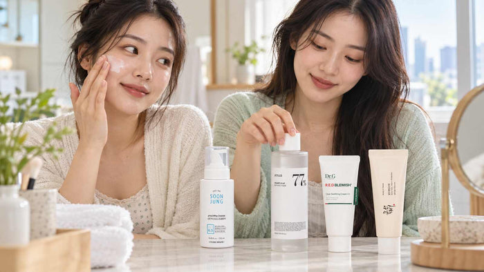 Two adult South Korean women using a simple teen K-beauty routine with cleanser, toner, moisturiser and sunscreen