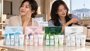Two adult South Korean women packing four SKIN1004 Korean skincare travel kits in a Seoul hotel