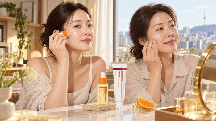 Two adult South Korean women applying Centellian24 vitamin serum and Madeca cream in a sunlit Seoul vanity setting
