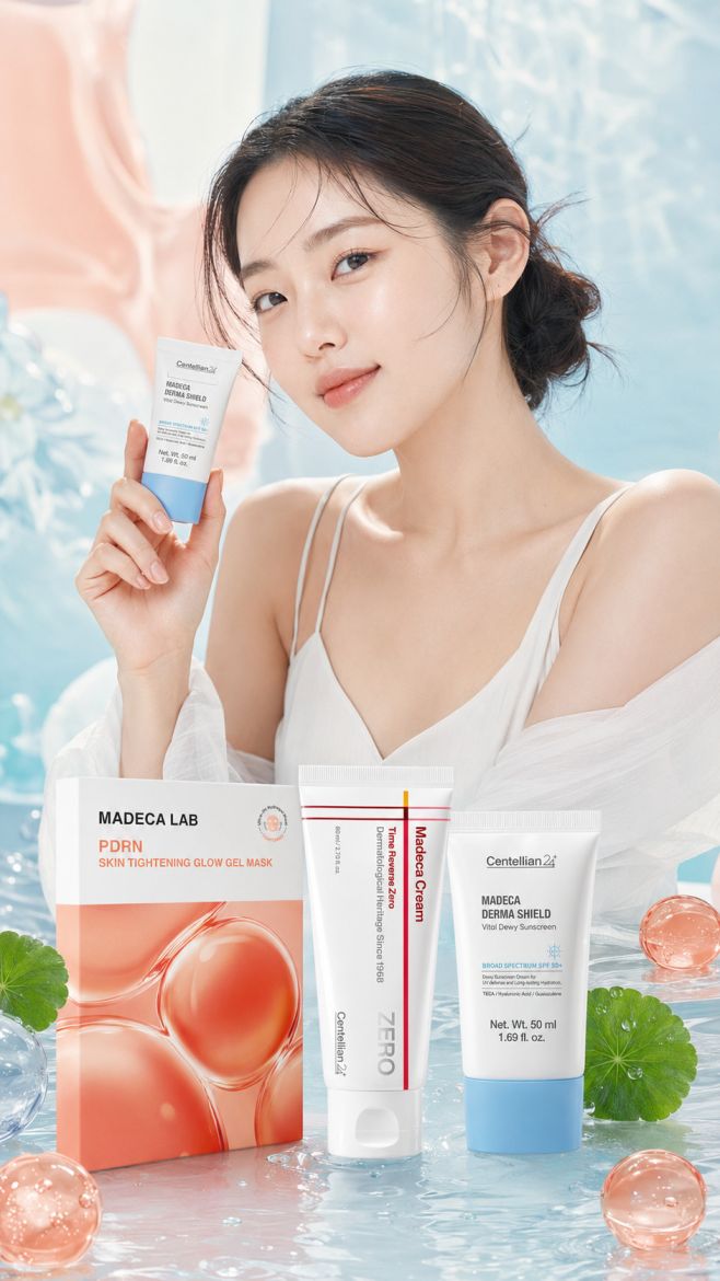 A woman in a white camisole holds a small Madeca Lab skincare tube while standing beside three Madeca Lab skincare products on a glossy reflective surface. The set includes a peach-colored box, a white tube with red text, and a white tube with a blue cap.